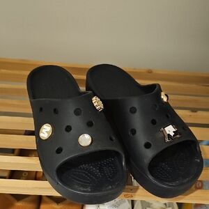 Crocs Black Slide Sandals with Charms Size 6